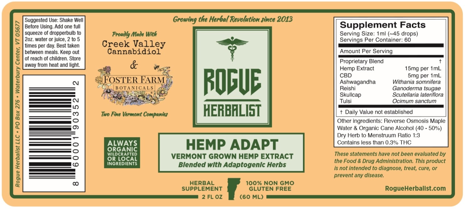 Hemp Adapt tincture with hemp extract, adaptogenic herbs, and medicinal mushrooms by Rogue Herbalist, 2 oz bottle