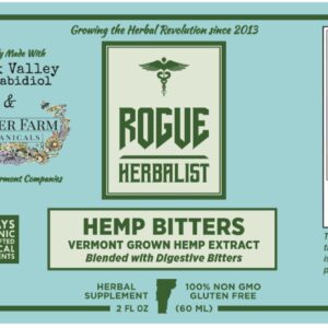 Amber glass bottle of Hemp Bitters tincture by Rogue Herbalist with digestive-support herbs