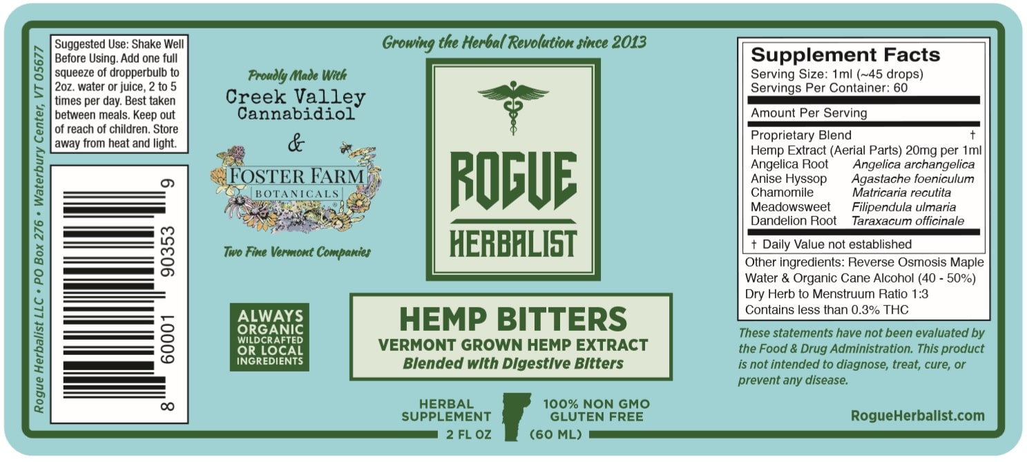 Amber glass bottle of Hemp Bitters tincture by Rogue Herbalist with digestive-support herbs