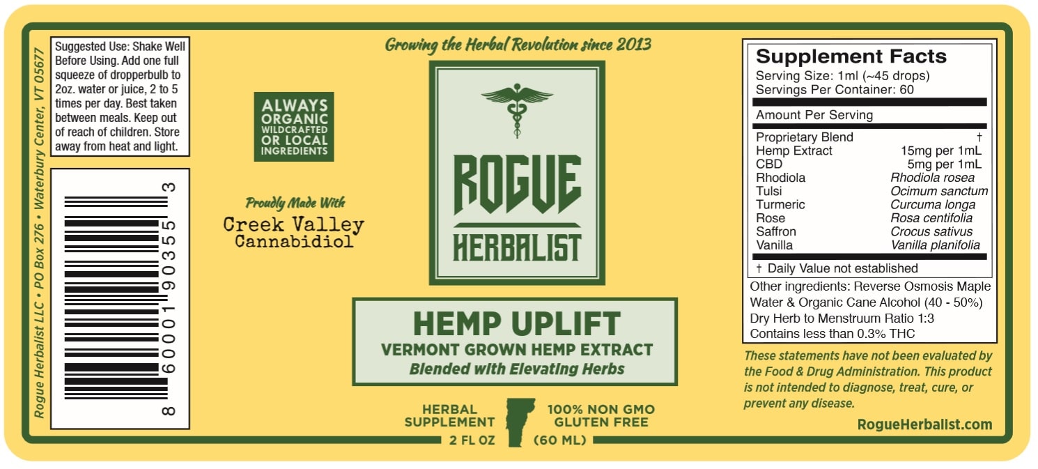 Amber glass bottle of Hemp Uplift tincture by Rogue Herbalist with mood-brightening herbs