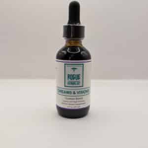 Glass bottle of Rogue Herbalist Dreams & Visions Tincture 2oz with dropper, featuring mugwort, blue lotus, damiana, lavender, and blue vervain.