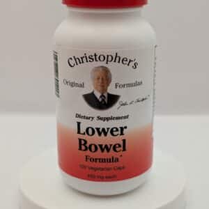 "Christopher’s Original Formulas Lower Bowel Formula herbal supplement bottle – front label, 100 vegetarian capsules"