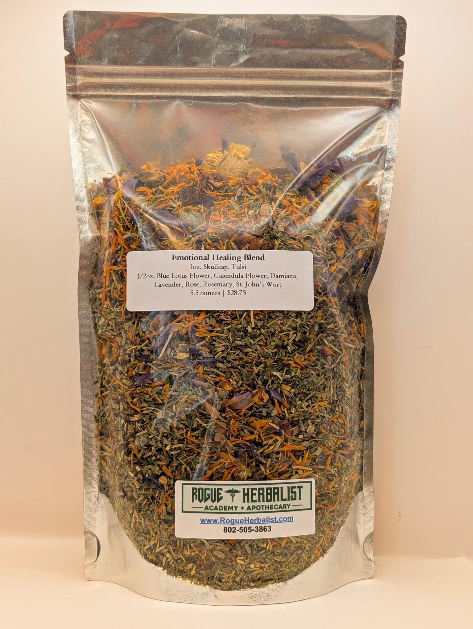 Loose-leaf Emotional Healing Tea Blend with skullcap, tulsi, blue lotus, calendula, lavender, and rose petals